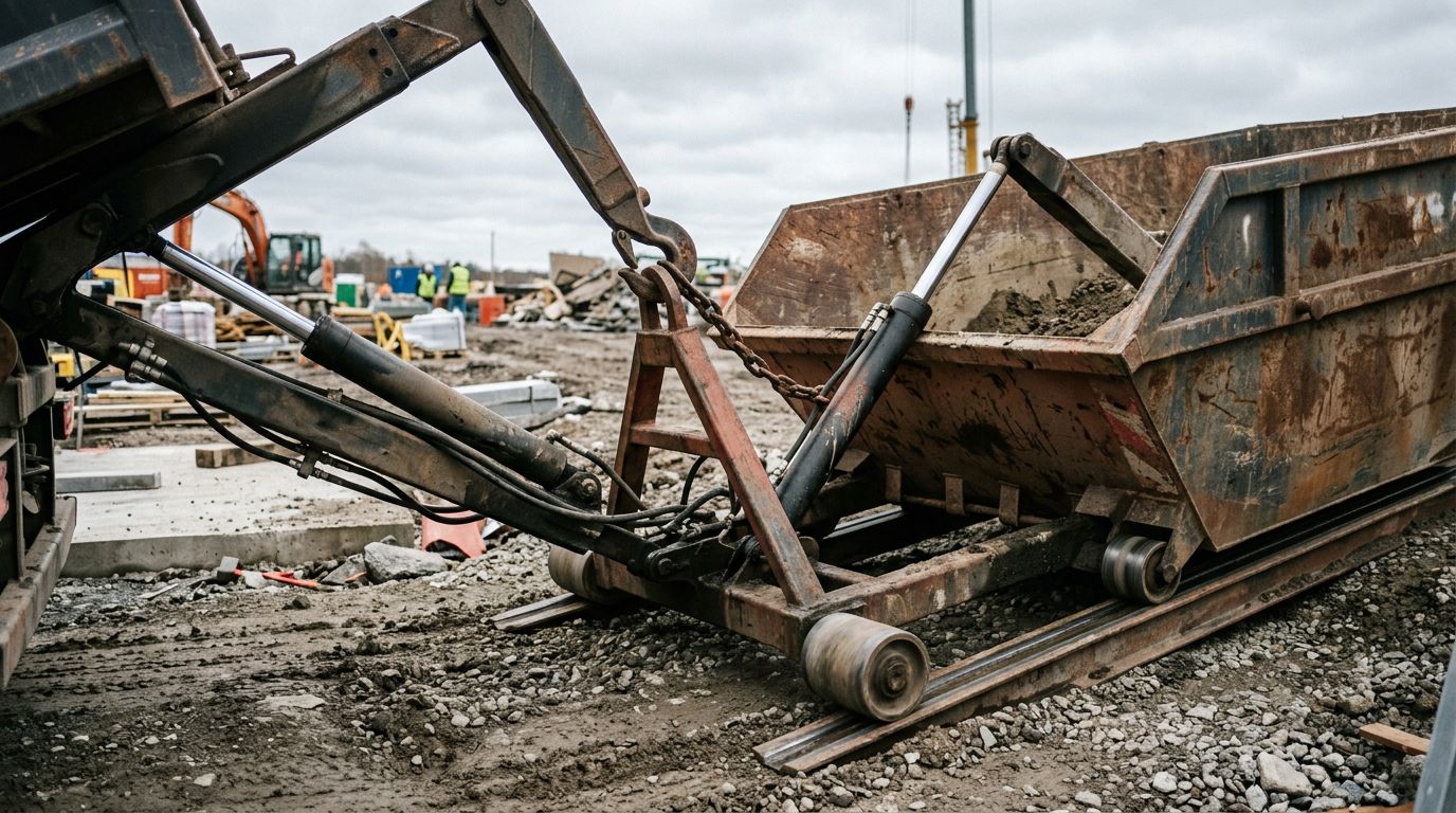 Bras hydraulique d'un camion ampliroll faisant glisser une benne métallique au sol sur un chantier