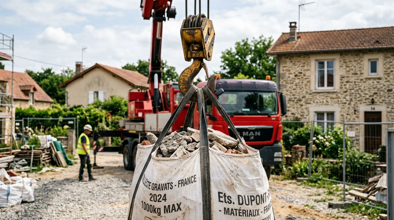 Big bag rempli de gravats posé devant une maison en travaux, en attente d'enlèvement