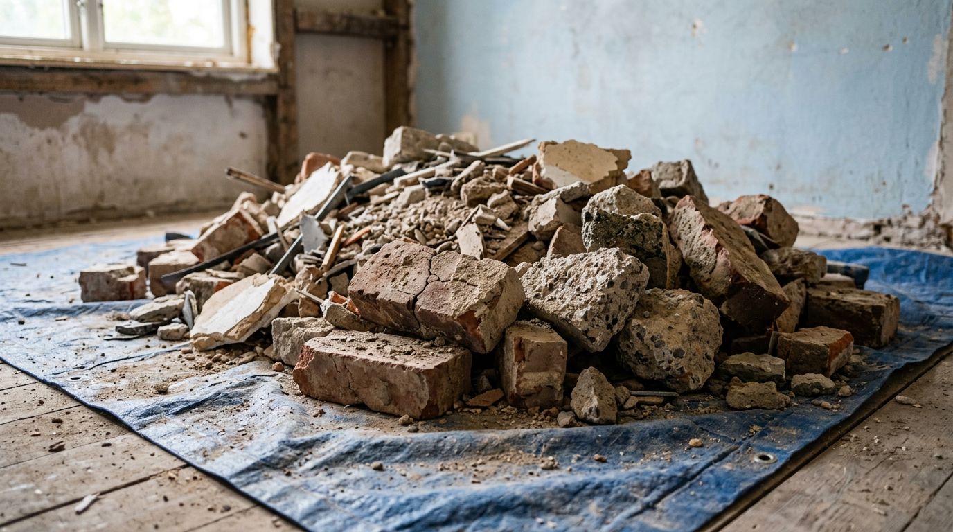 Tas de gravats de démolition, briques et plâtre cassés, sur un chantier