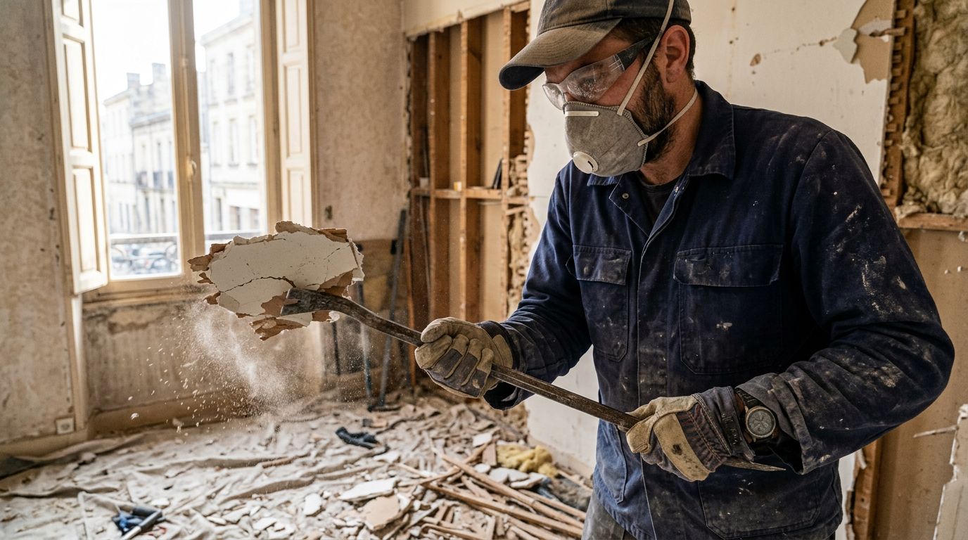 Démolition d'une cloison en plaques de plâtre avec un pied de biche