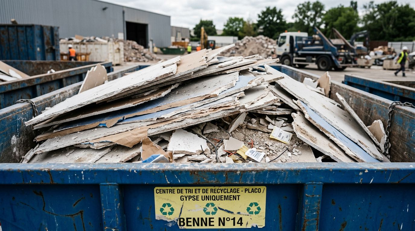Plaques de plâtre cassées empilées dans un conteneur dédié en déchetterie