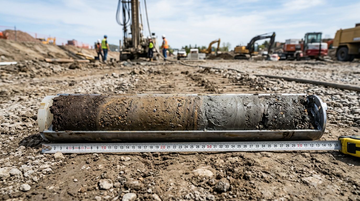 Carotte de sondage géotechnique posée sur le sol d'un chantier de terrassement
