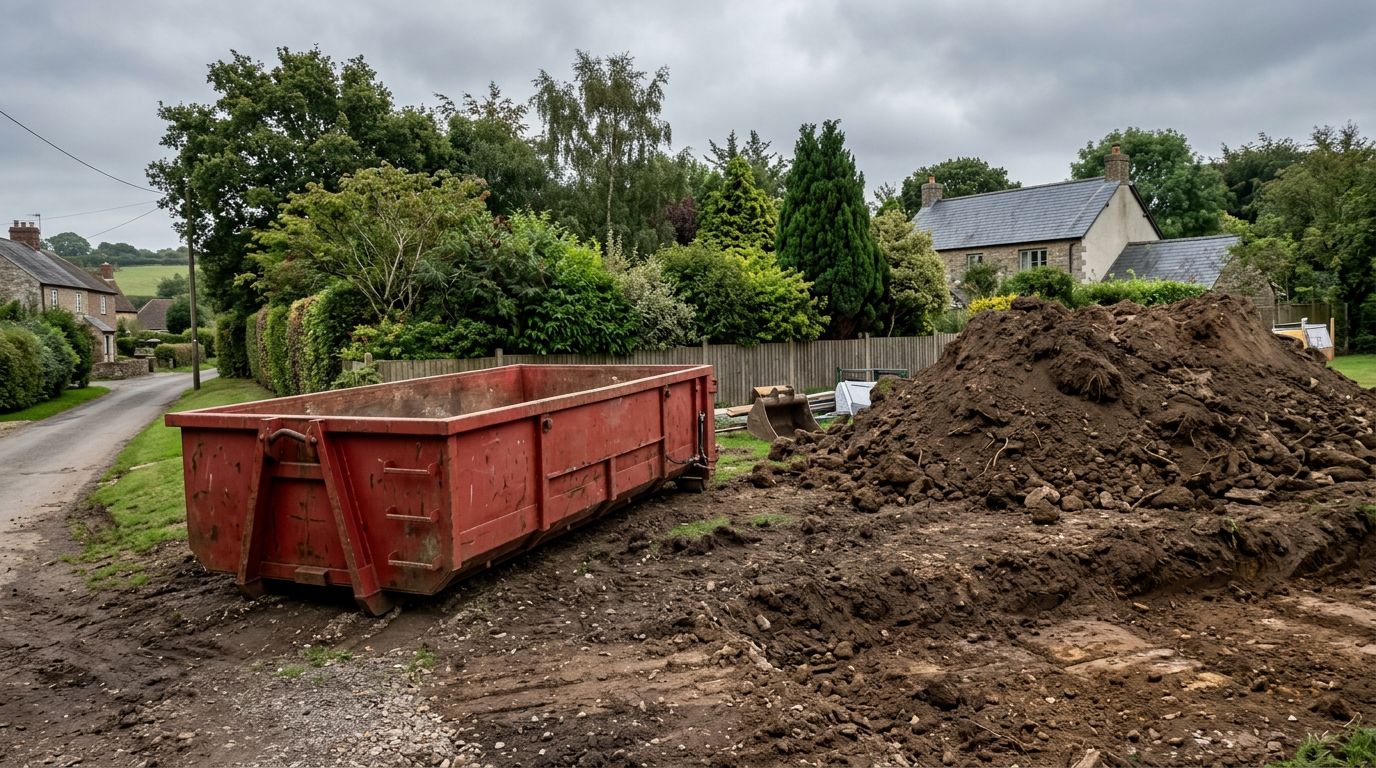 Benne à gravats posée en bordure d'un terrain en cours de terrassement, à côté d'un tas de terre excavée