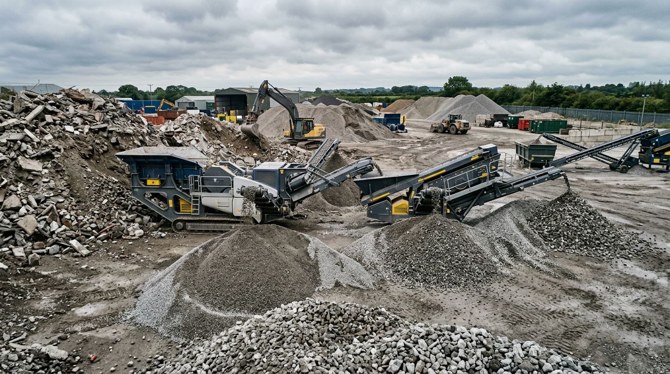 Installation de concassage et criblage de gravats sur une plateforme de recyclage