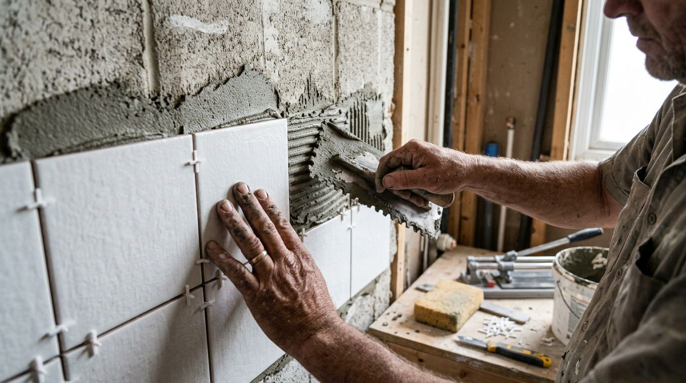 Artisan posant du carrelage mural pendant la rénovation d'une salle de bain
