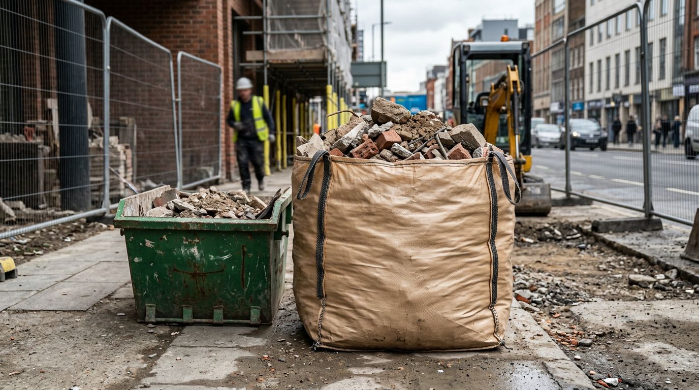 Big bag de gravats posé à côté d'une benne sur un chantier urbain