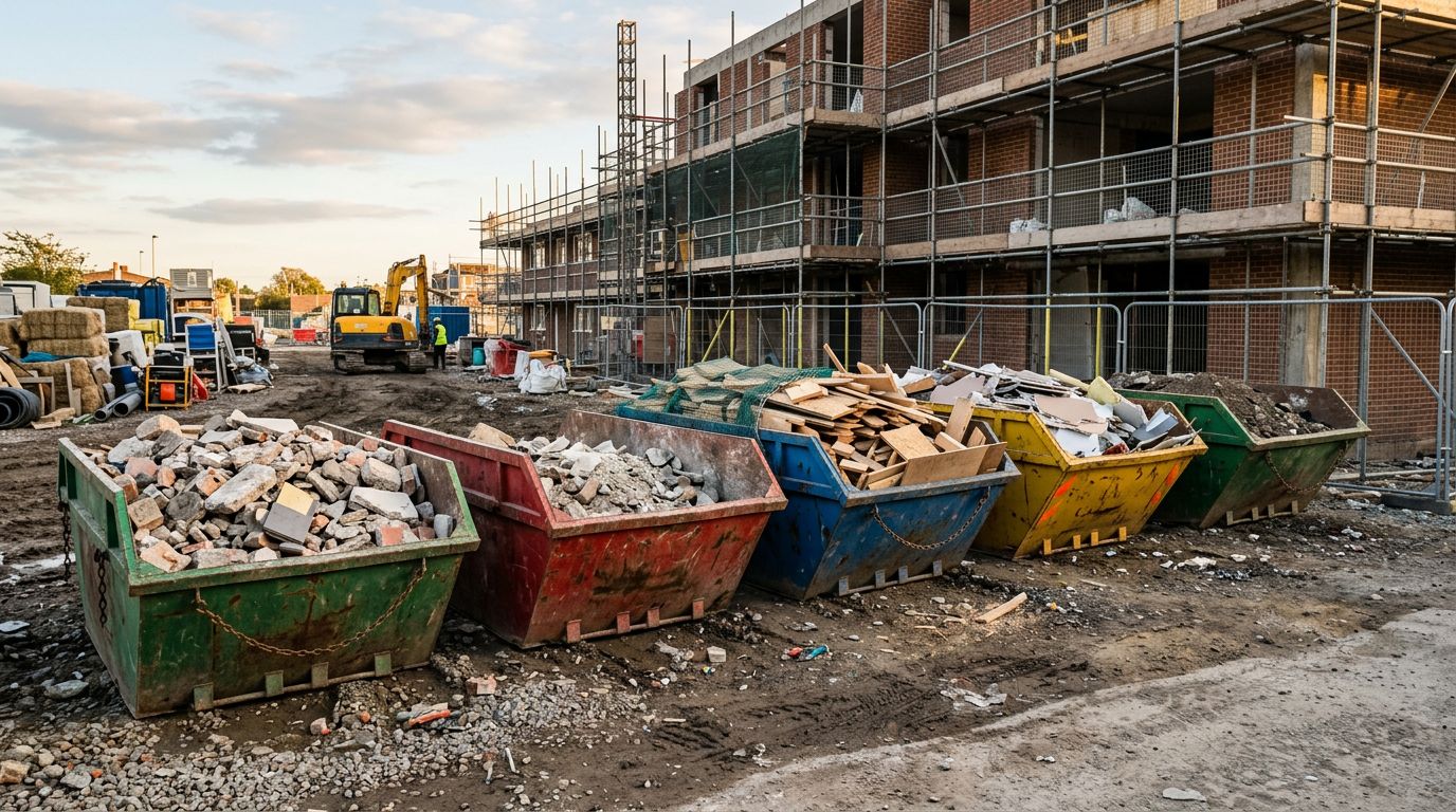 Plusieurs bennes de tri séparées sur un chantier de rénovation